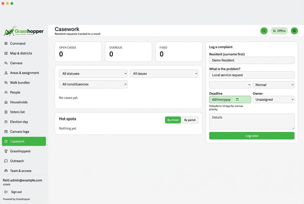 Grasshopper casework screen with a synthetic service request