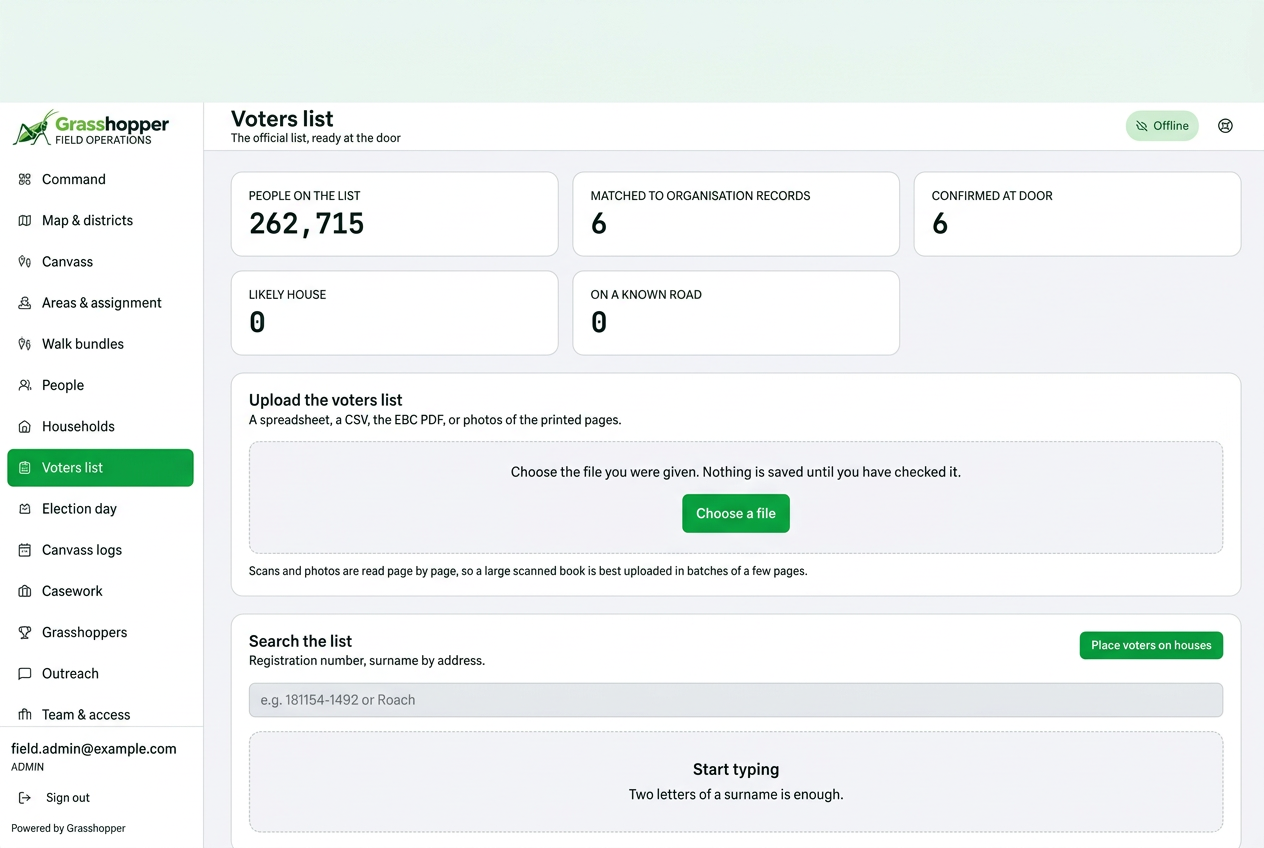 Grasshopper authorised voter register management screen using sample data