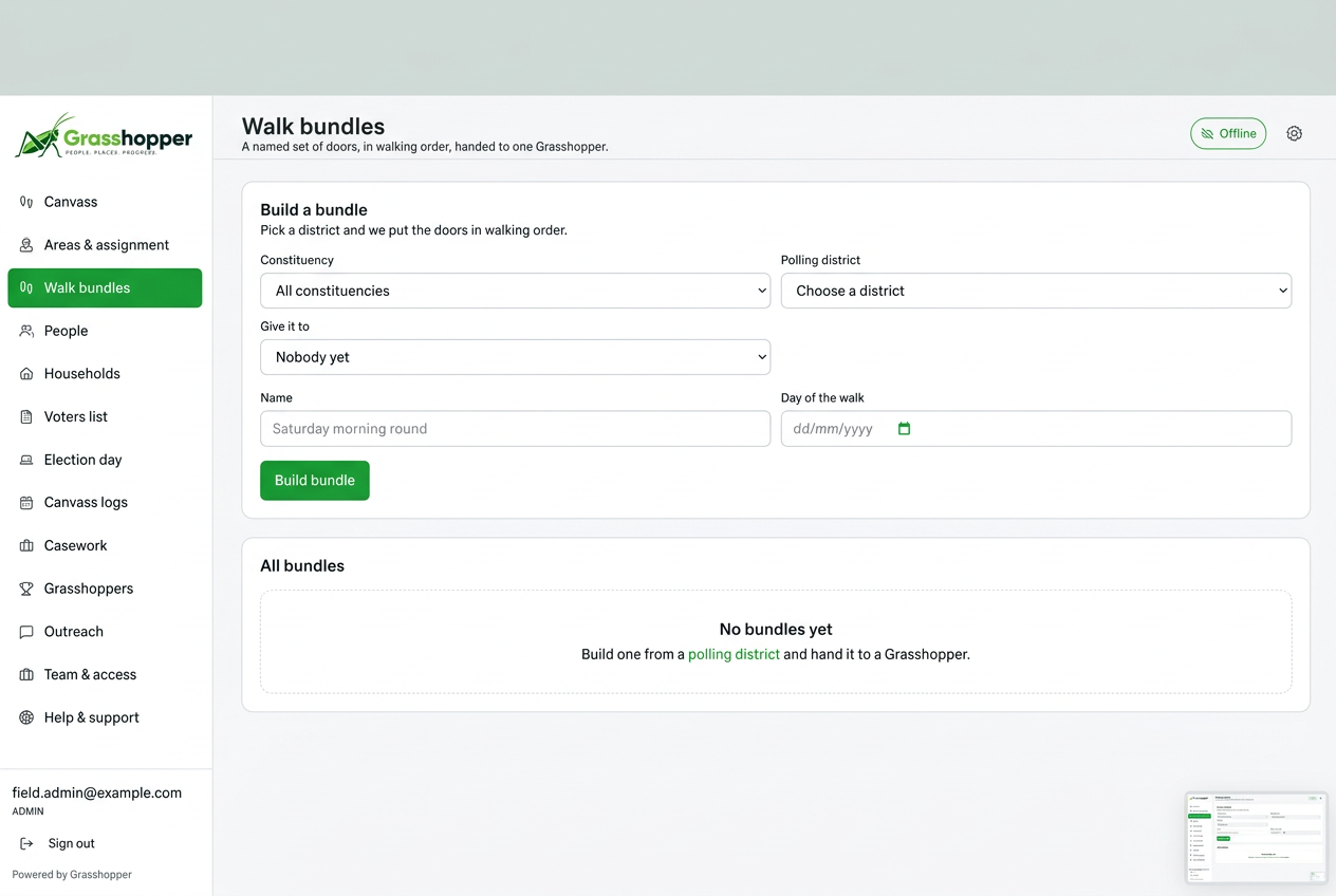 Grasshopper walk bundle builder and assignment screen using sample data